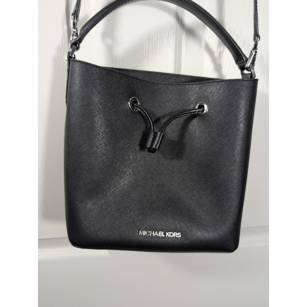 MICHAEL KORS MERCER SMALL XS BUCKET DRAWSTRING‎ CROSSBODY MK BAG BLACK LEATHER